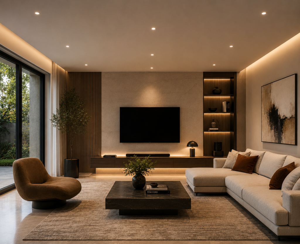 Elegant modern living room featuring trimless recessed ceiling lighting, minimalist furniture, warm ambient glow, sleek TV wall, and clean contemporary interior design.