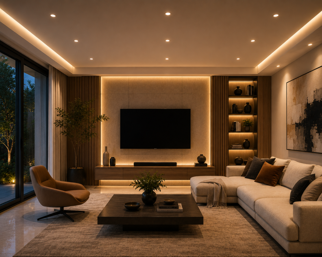Contemporary living room featuring smart recessed ceiling lighting, warm ambient glow, minimalist furniture, elegant TV wall, and modern luxury interior decor.