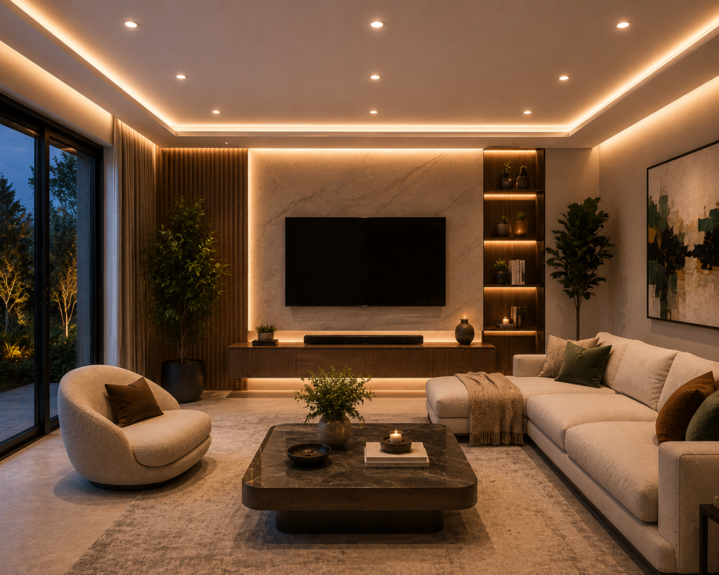 Stylish modern living room featuring zoned recessed lighting, warm ambient illumination, neutral furniture, marble coffee table, and cozy contemporary interior decor.