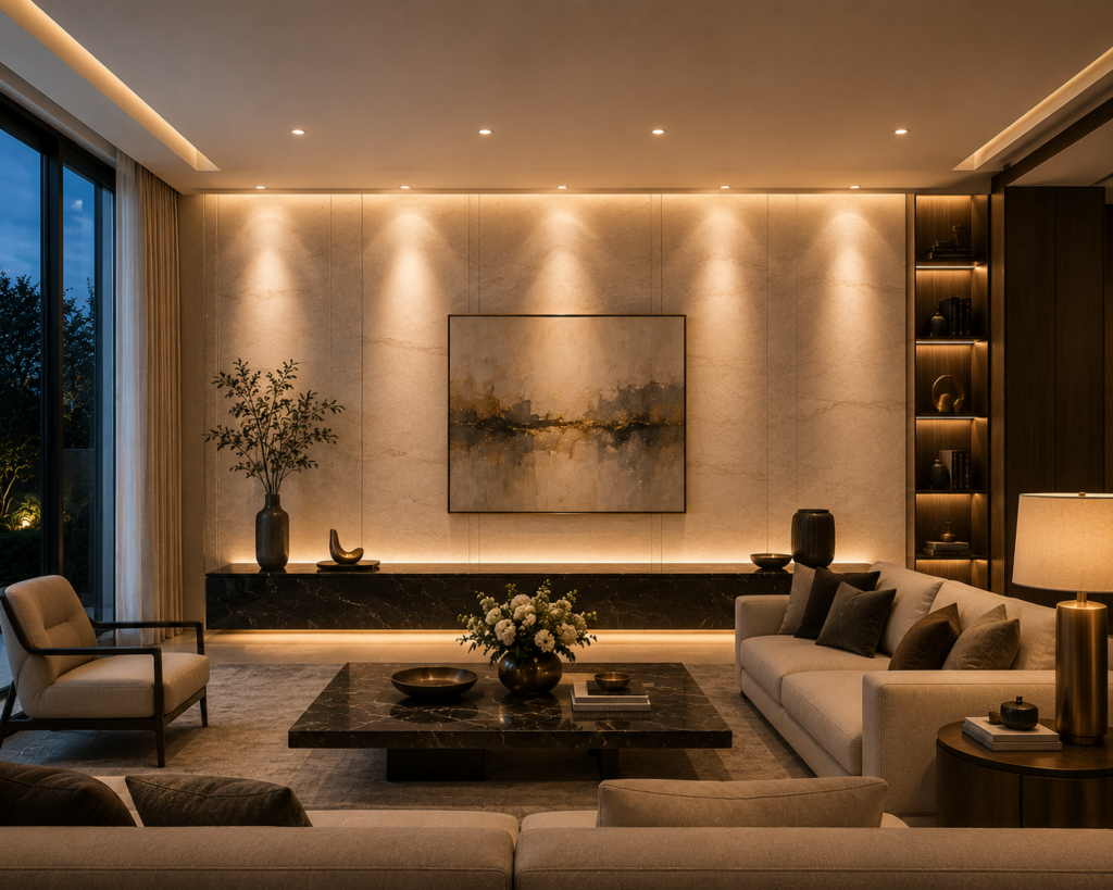 : Luxurious modern living room featuring wall wash lighting effect, soft ambient illumination, elegant furniture, textured walls, and sophisticated contemporary decor.