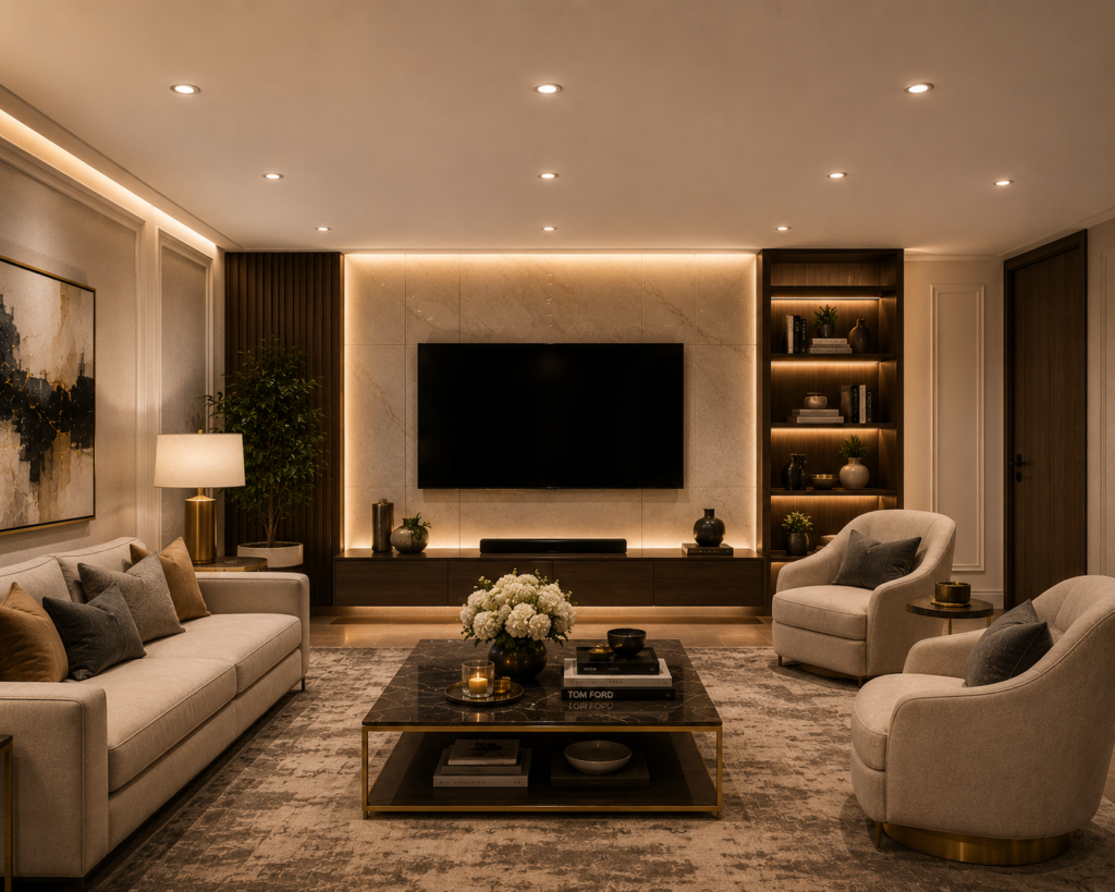 Elegant luxury living room featuring small recessed ceiling fixtures, warm ambient lighting, neutral furniture, modern TV wall, and sophisticated low-ceiling interior design.