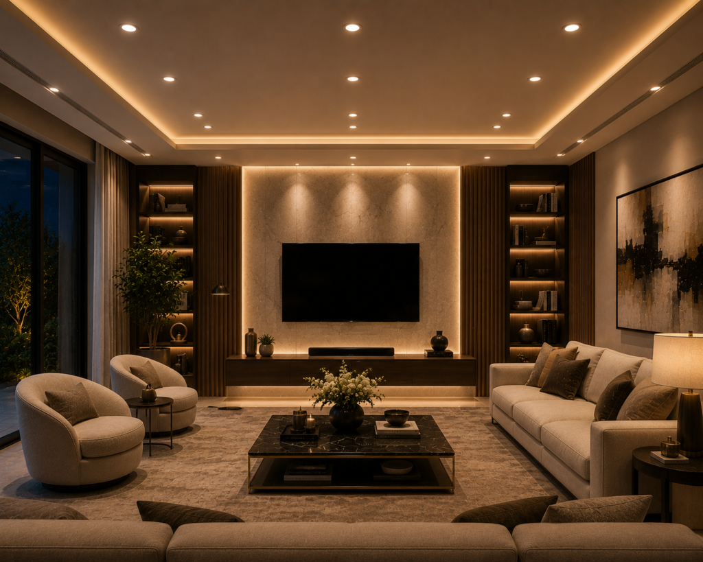 Sophisticated luxury living room featuring mixed-size recessed ceiling lighting, layered ambient glow, elegant furniture, and modern contemporary interior decor.