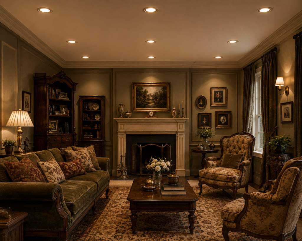 Elegant vintage living room featuring housing type recessed ceiling lighting, classic furniture, ornate fireplace, antique decor, and warm traditional interior design.