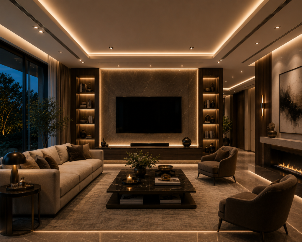 Luxurious modern living room featuring advanced recessed lighting, hidden LED accents, sleek fireplace, elegant furniture, and sophisticated contemporary interior design.