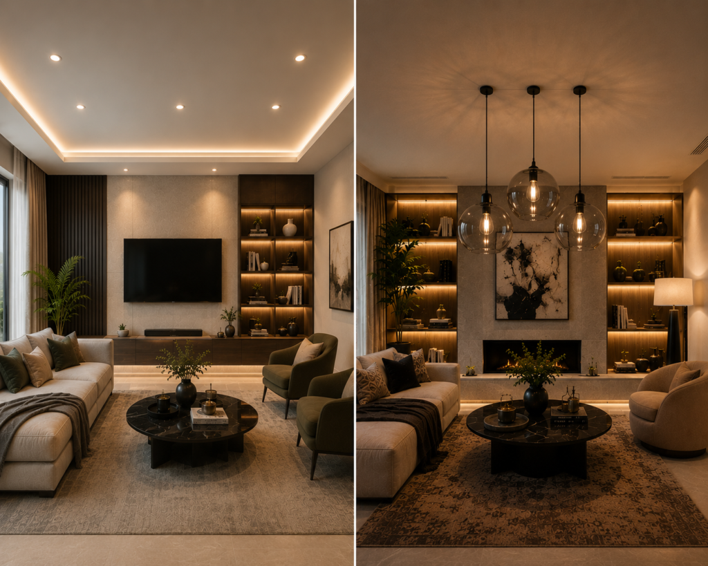 Two stylish modern living rooms showcasing recessed lighting and pendant lighting designs with elegant furniture, warm ambient illumination, and luxurious contemporary decor.