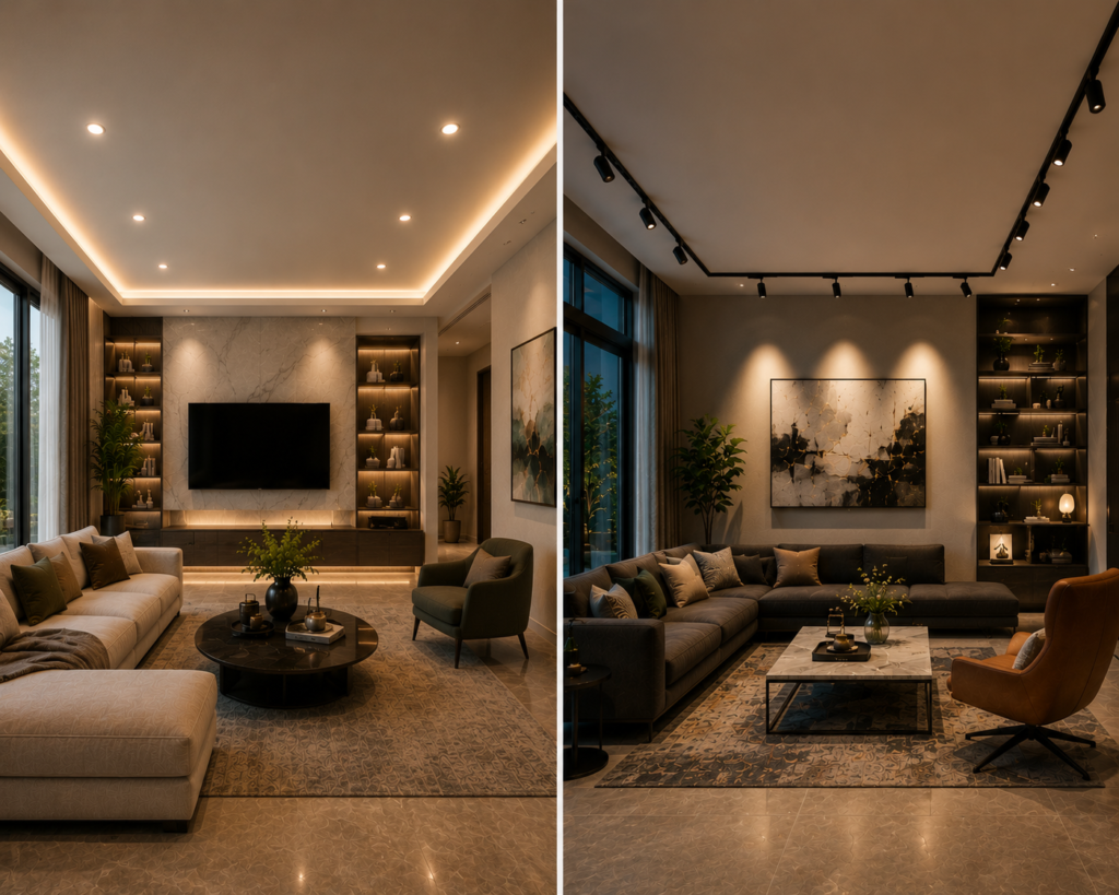 Two stylish modern living rooms showcasing recessed lighting and track lighting styles with elegant furniture, warm ambient glow, and contemporary interior decor.