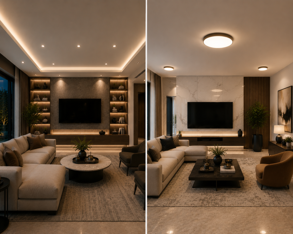 Two modern living rooms featuring recessed lighting and flush mount ceiling lighting with elegant furniture, warm ambient illumination, and luxurious contemporary interiors.