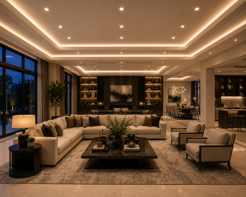 Large modern living room featuring recessed ceiling lighting, elegant furniture, warm ambient glow, spacious layout, and luxurious contemporary interior decor.