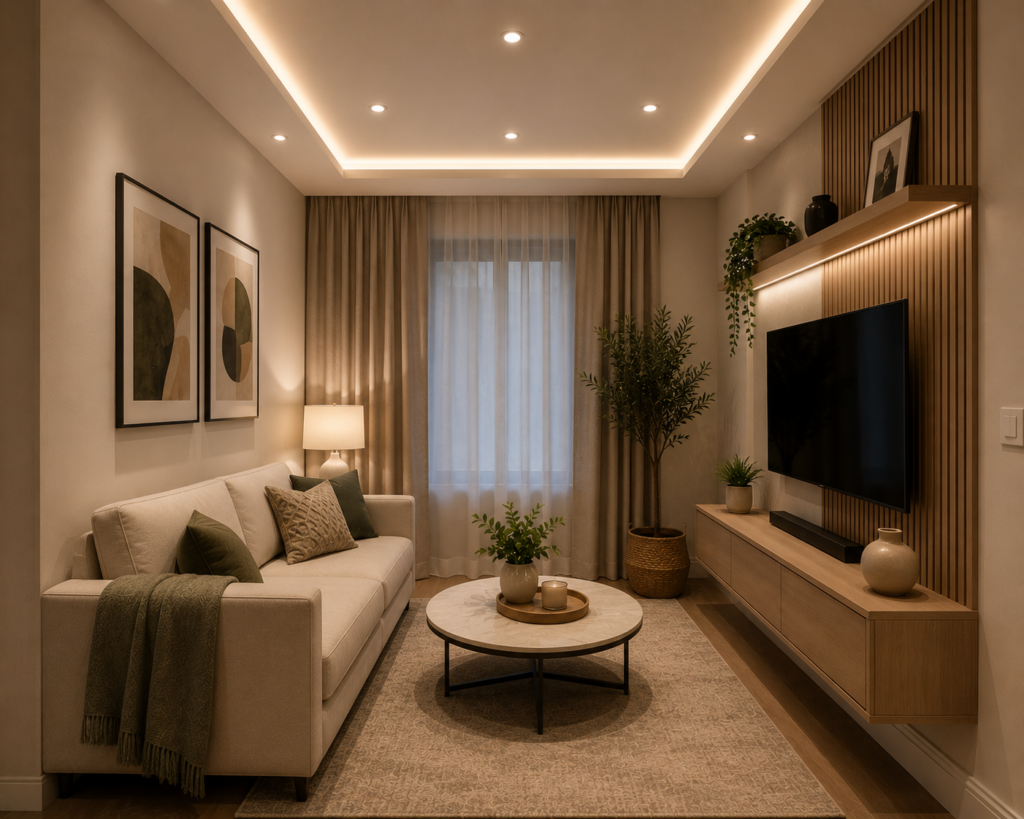 Cozy small living room featuring recessed ceiling lighting, compact modern furniture, warm ambient illumination, and stylish contemporary interior decor.