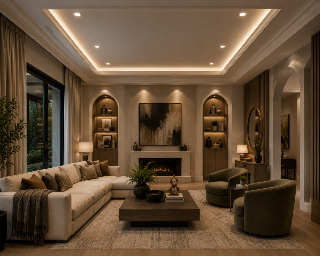 Stylish unique living room featuring trim type recessed ceiling lighting, elegant modern furniture, warm ambient glow, and sophisticated contemporary interior decor.