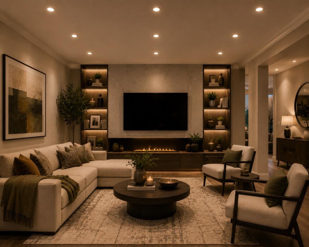 Elegant stylish living room featuring bulb type recessed ceiling lighting, warm ambient glow, modern furniture, and sophisticated contemporary interior decor.