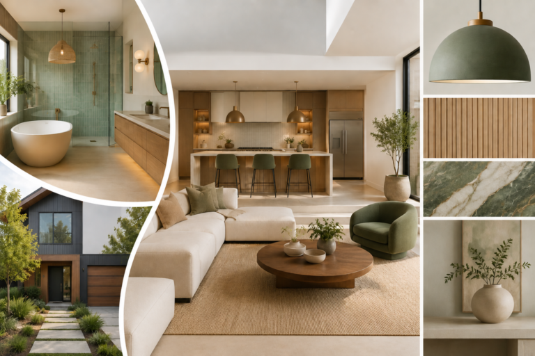 Home remodeling trends 2026 featuring a modern open-concept living room, contemporary kitchen, spa-inspired bathroom, and sustainable design elements.