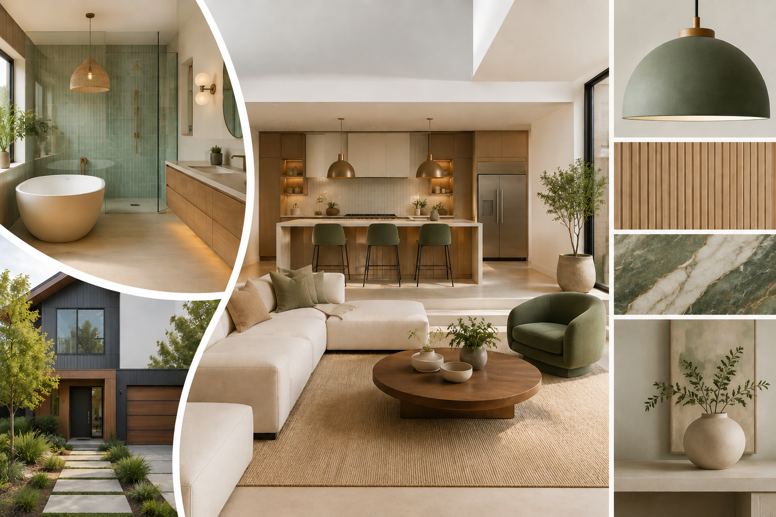 Home remodeling trends 2026 featuring a modern open-concept living room, contemporary kitchen, spa-inspired bathroom, and sustainable design elements.