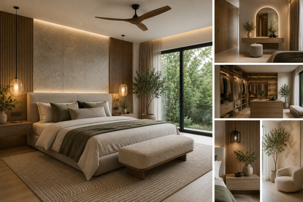 Home remodeling trends 2026 showcased in a modern bedroom with warm wood accents, layered lighting, custom storage, and large floor-to-ceiling windows.