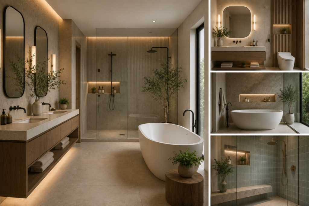Home remodeling trends 2026 featuring a luxury bathroom with a freestanding tub, walk-in shower, floating vanity, natural materials, and warm ambient lighting.
