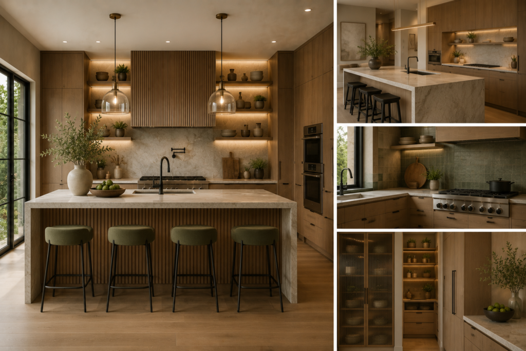 Home remodeling trends 2026 featuring a modern kitchen with custom cabinetry, a large island, smart appliances, layered lighting, and natural materials.