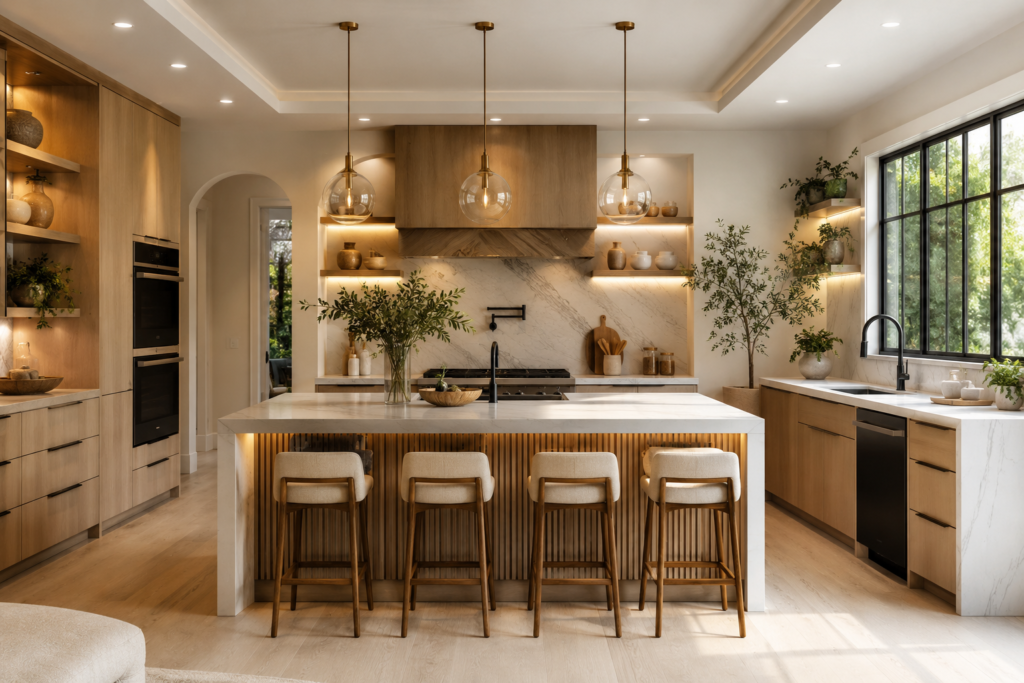 Modern kitchen showcasing home remodeling trends 2026 with warm wood cabinets, waterfall island, marble countertops, layered lighting, hidden storage, and large black-framed windows.