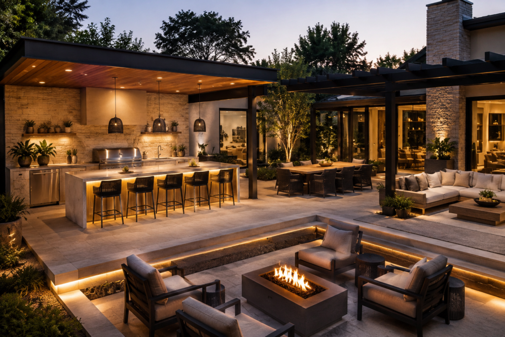 Luxury outdoor living area showcasing home remodeling trends 2026 with a modern outdoor kitchen, dining space, comfortable lounge seating, fire pit, layered lighting, and contemporary landscaping.