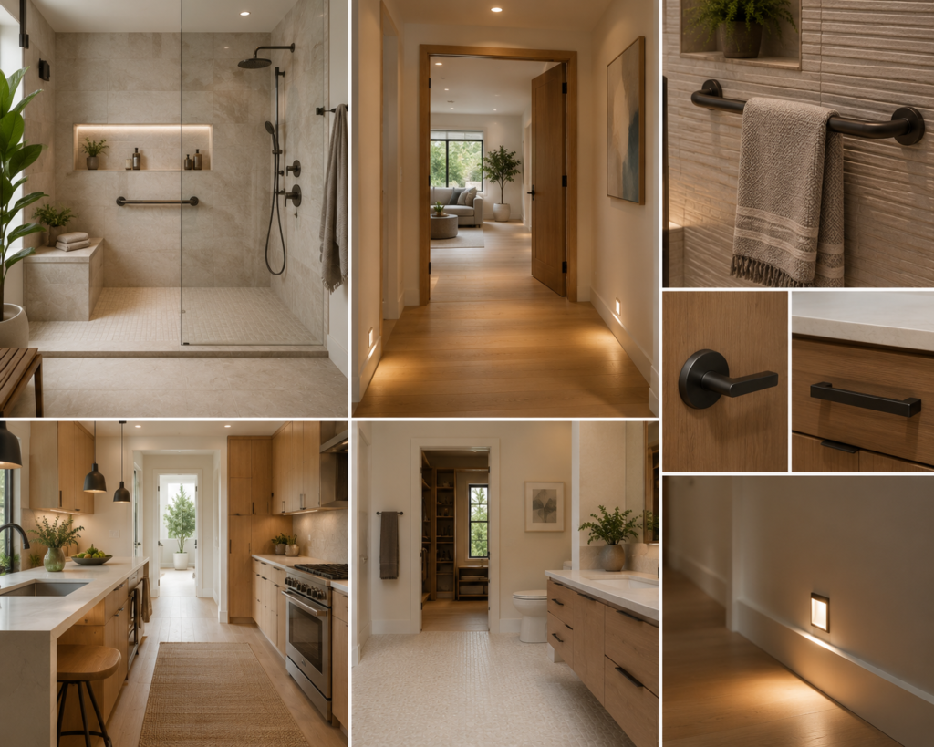 Modern home showcasing home remodeling trends 2026 with a zero-threshold walk-in shower, wider doorways, non-slip flooring, lever-style handles, motion-sensor hallway lighting, and decorative grab bars.