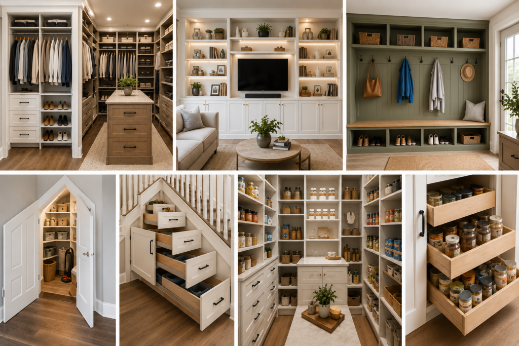 Home remodeling trends 2026 featuring custom walk-in closets, built-in living room shelving, mudroom lockers with benches and hooks, under-stair storage drawers, and full pantry systems with pull-out shelving.