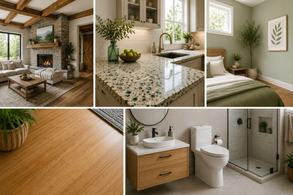 Home remodeling trends 2026 featuring reclaimed wood flooring and ceiling beams, recycled glass countertops, low-VOC paint finishes, bamboo flooring, and water-efficient bathroom fixtures with a dual-flush toilet.
