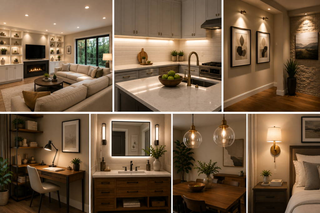 Home remodeling trends 2026 showcasing recessed lighting, under-cabinet kitchen lighting, accent wall lighting, task lighting for workspaces and vanities, and decorative pendant and sconce fixtures in modern interiors.
