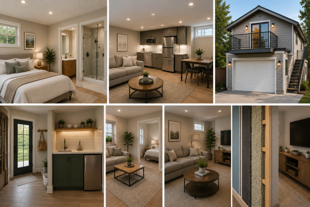 Home remodeling trends 2026 featuring an in-law suite with private bathroom, finished basement apartment, accessory dwelling unit above a garage, secondary entrance with kitchenette, and soundproofed living areas.