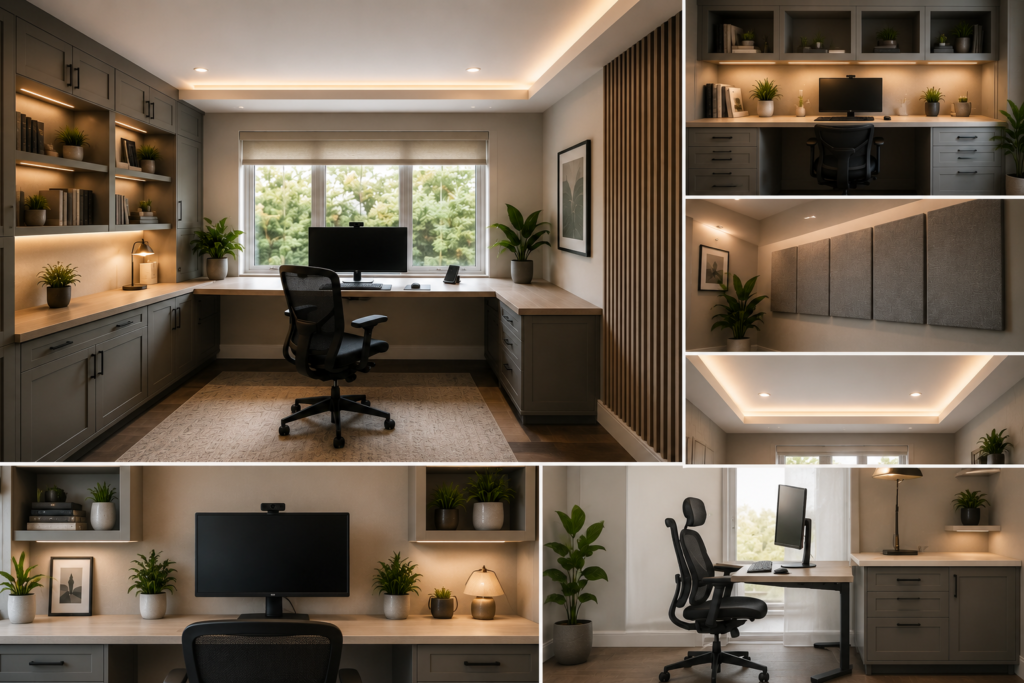Home remodeling trends 2026 featuring a modern home office with built-in cabinetry, ergonomic desk setup, acoustic wall panels, layered lighting, large windows for natural light, and a professional video call background.