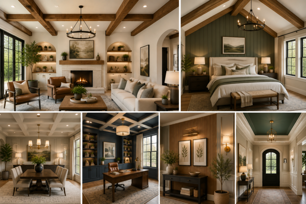 Home remodeling trends 2026 featuring exposed wood beams, coffered ceilings, decorative wood paneling, shiplap walls, bold accent ceilings, and elegant crown molding in modern living spaces.