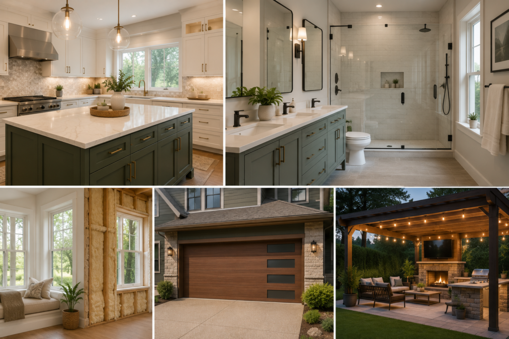 Home remodeling trends 2026 featuring a refreshed kitchen with updated cabinets and countertops, a modern bathroom remodel, energy-efficient windows and insulation, a new garage door, and an inviting outdoor living space.