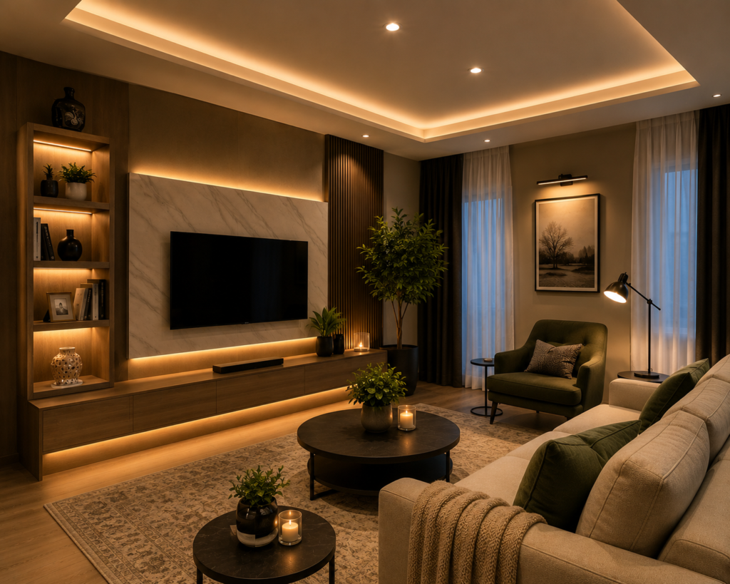 Elegant living room featuring ambient ceiling lights, task lighting near a seating area, and accent lighting highlighting decor, inspired by warm and cozy living room ideas