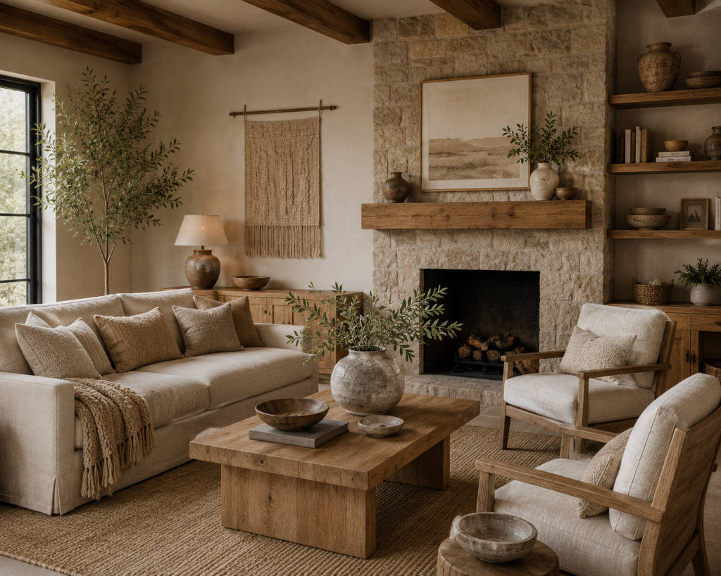 Warm and cozy living room ideas featuring oak furniture, linen upholstery, stone fireplace accents, neutral color palette, and handmade decor