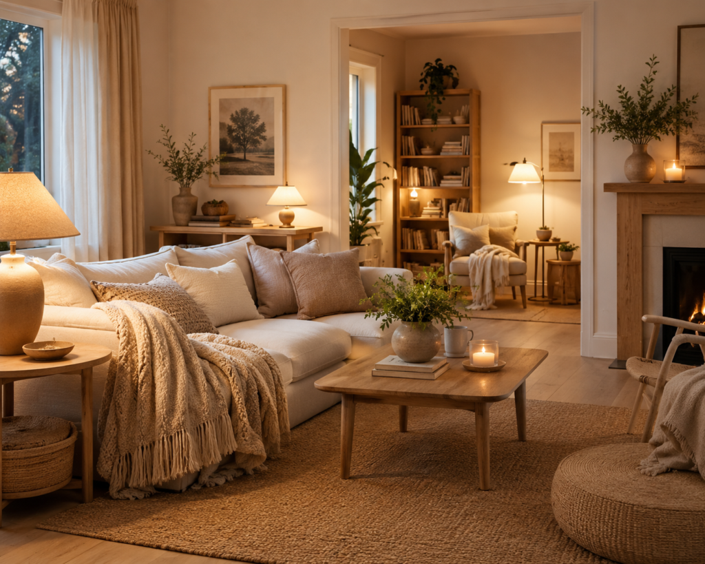Warm and cozy living room featuring soft blankets, warm table lamps, natural fabrics, light wood furniture, and a comfortable reading corner.