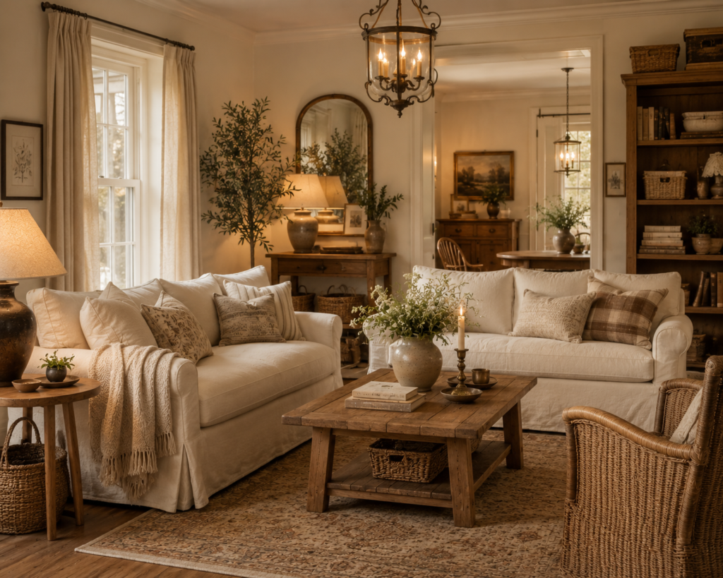 Warm and cozy living room with slipcovered sofas, warm wood furniture, woven baskets, neutral textiles, and vintage-inspired lighting.