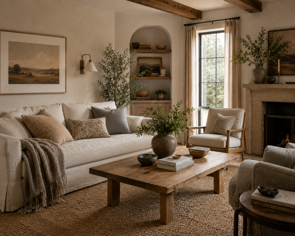 Warm and cozy living room featuring linen fabrics, wool throws, solid wood furniture, a subtle color palette, and thoughtfully crafted details.