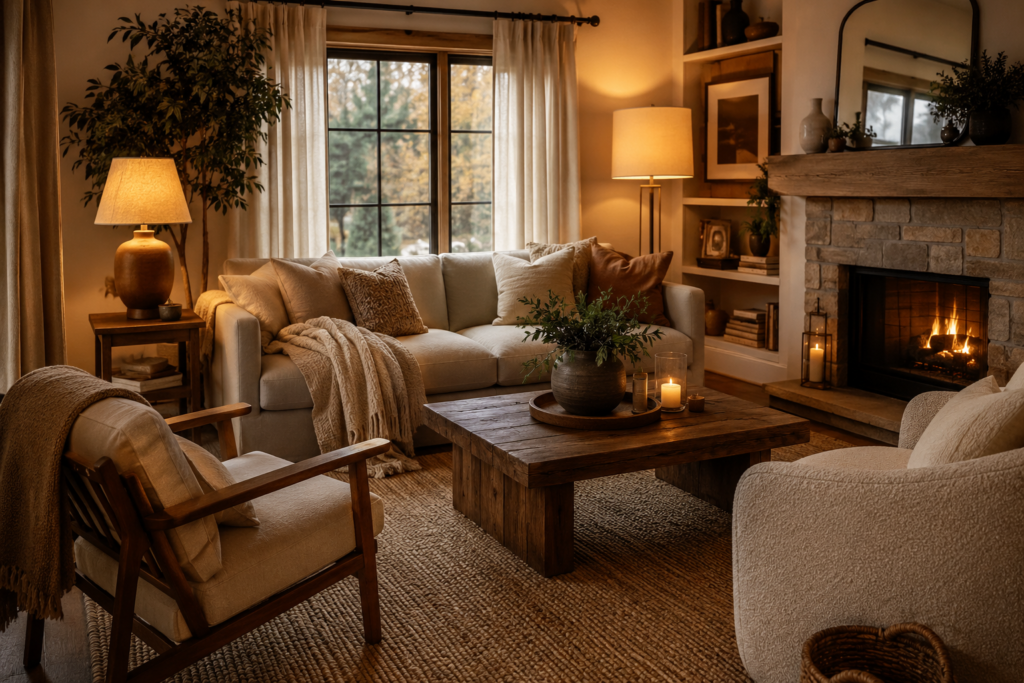 Warm and cozy living room ideas featuring a cream sofa, wooden coffee table, fireplace, soft lighting, textured rug, indoor plants, and neutral décor for a welcoming home interior.
