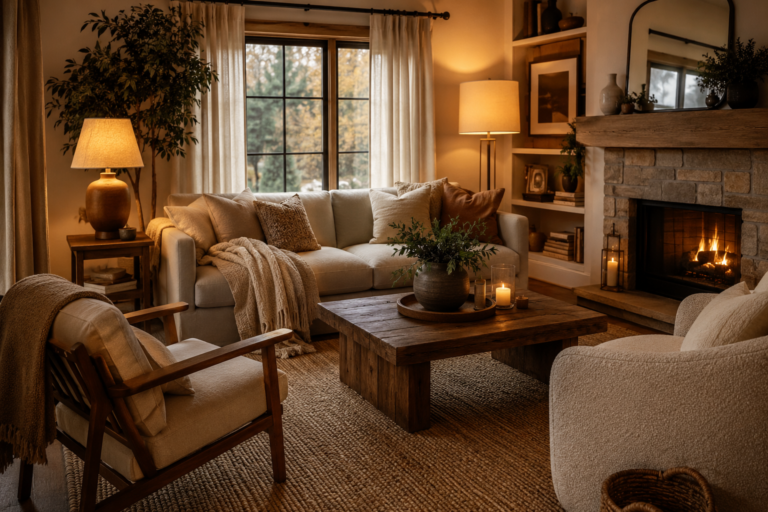 Warm and cozy living room ideas featuring a cream sofa, wooden coffee table, fireplace, soft lighting, textured rug, indoor plants, and neutral décor for a welcoming home interior.