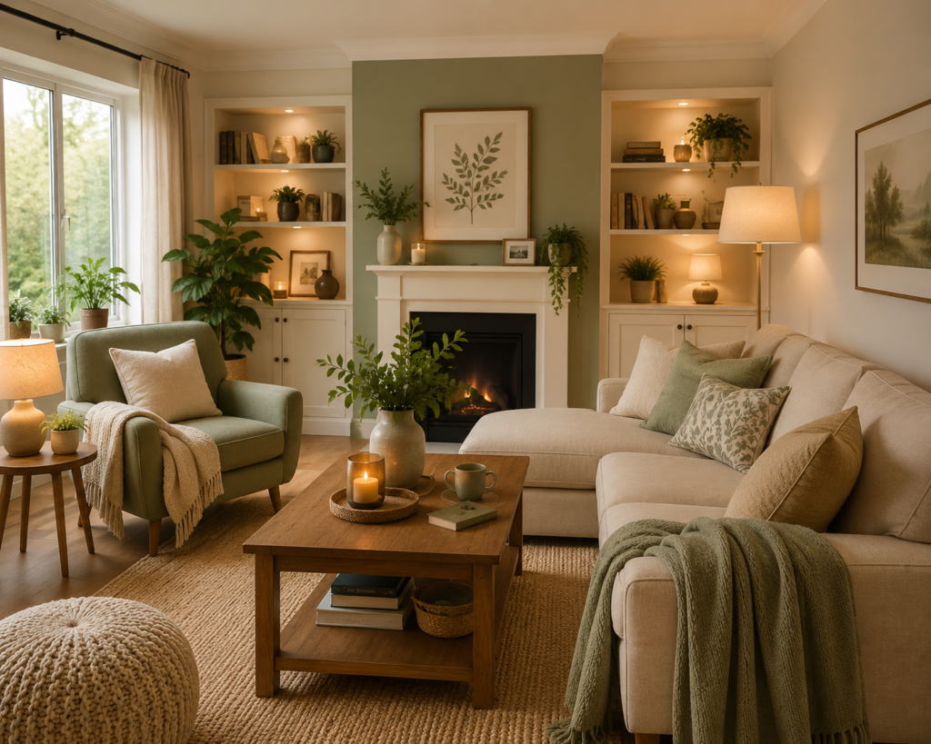 Warm and cozy living room featuring soft neutral colors, sage green accents, comfortable seating, natural wood furniture, layered textiles, built-in shelving, indoor plants, and ambient lighting for a welcoming atmosphere.