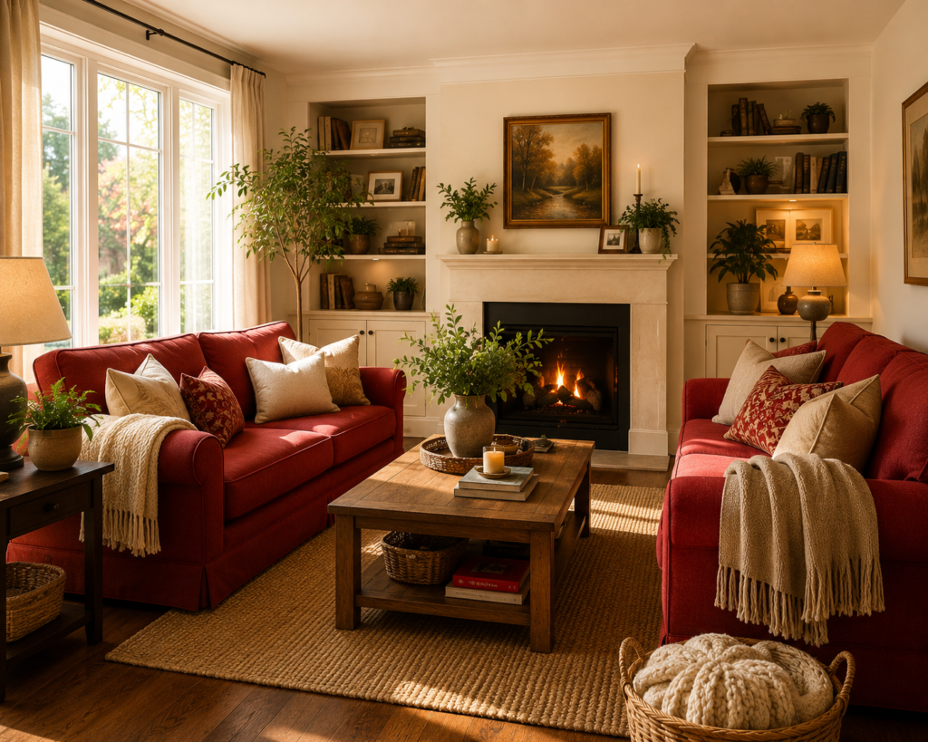 warm and cozy living room ideas with red sofas,fire place, wooden cofee table,indoor plants, built in shelves and natural light from larege windows