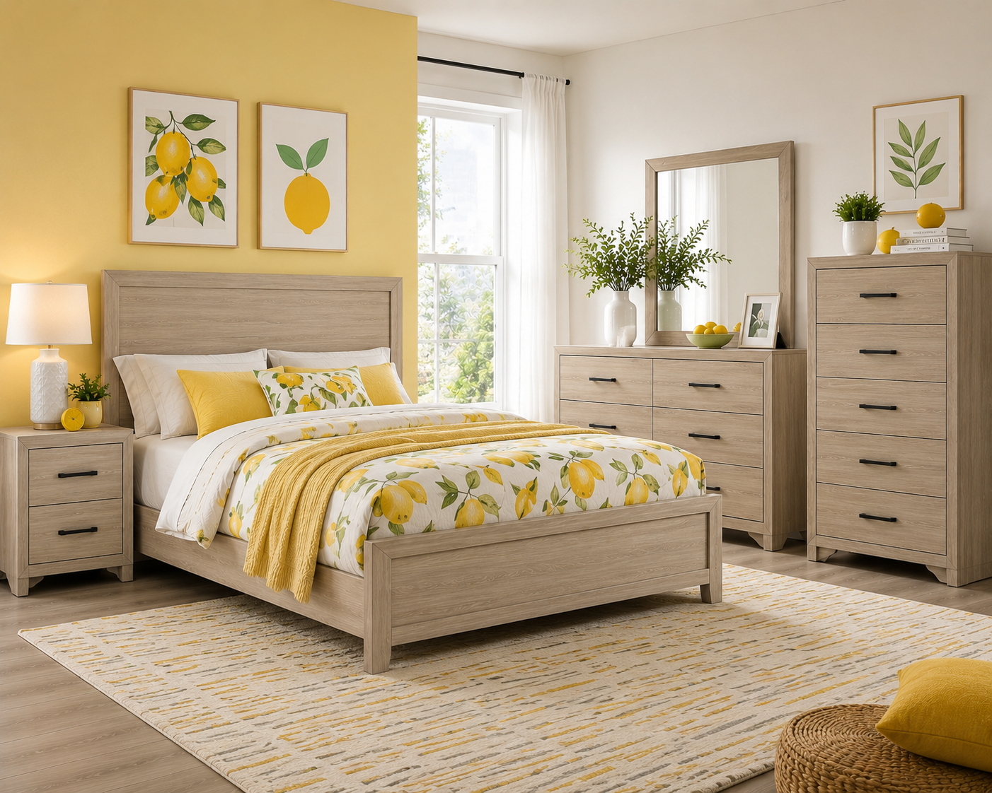 Most affordable bedroom furniture sets 2026 featuring a stylish lemon-themed bedroom with matching wood furniture, bright yellow accents, dresser, mirror, chest, and nightstands.