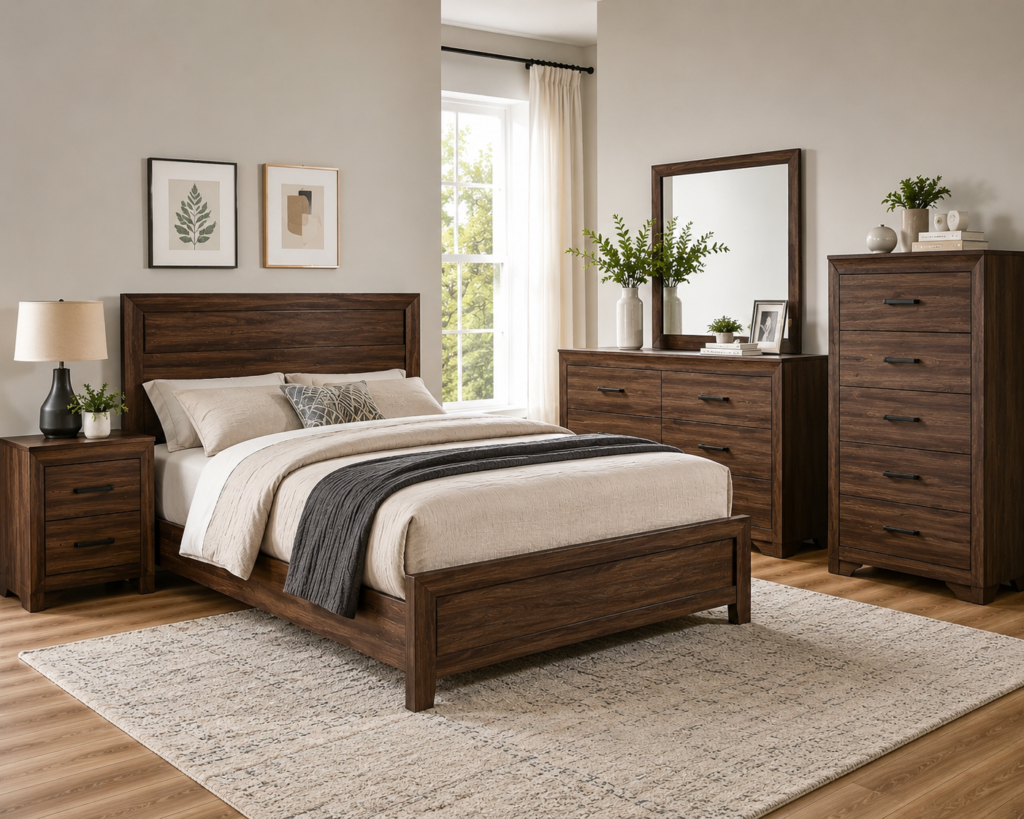 Most affordable bedroom furniture sets 2026 featured in a modern bedroom with matching bed, dresser, mirror, chest of drawers, and elegant contemporary decor.