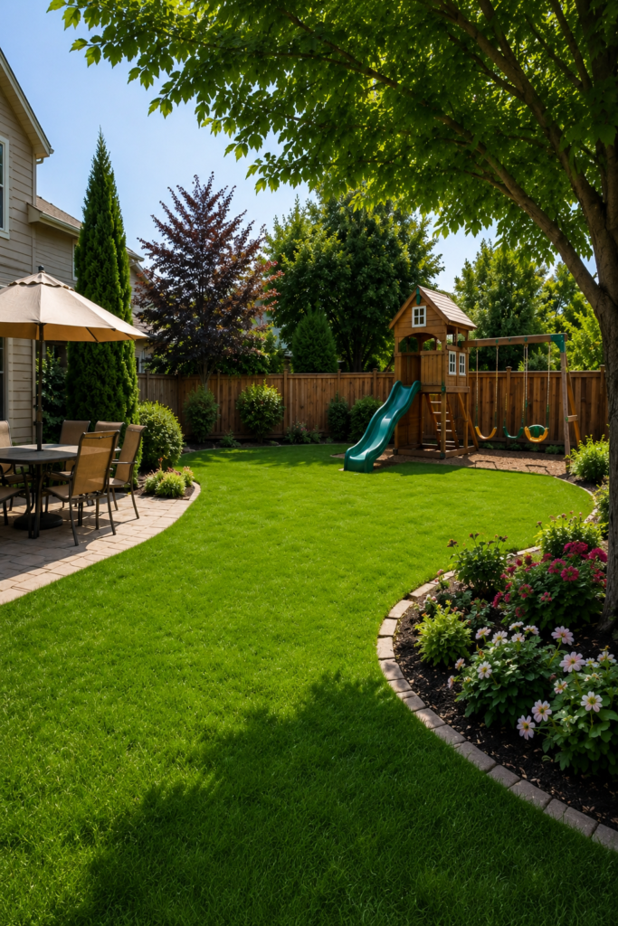 : Low maintenance backyards without grass featuring a modern multi-zone design with a fire pit lounge, outdoor dining area, decorative gravel, and drought-tolerant landscaping.