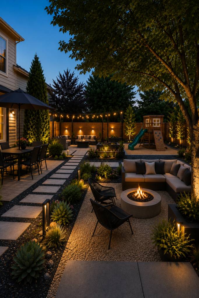 Low maintenance backyards without grass featuring a modern fire pit seating area, outdoor dining space, landscape lighting, stepping stone pathways, and drought-tolerant plants in a beautifully designed backyard.