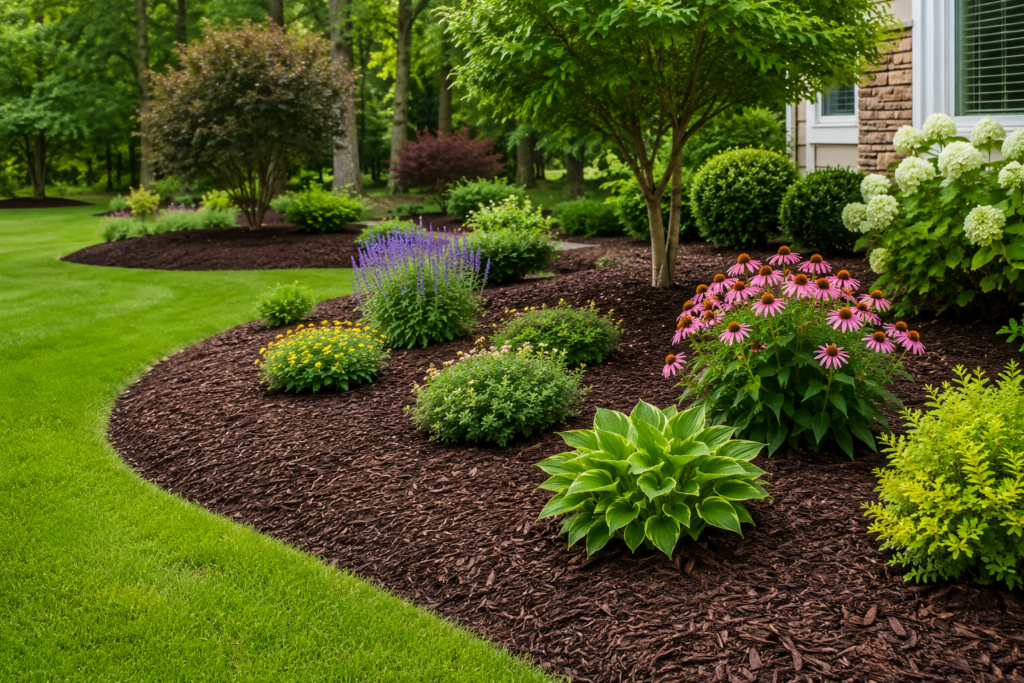 Curved mulched garden beds with colorful flowers, shrubs, and small trees in a landscaped yard, showcasing low maintenance backyard ideas without grass.