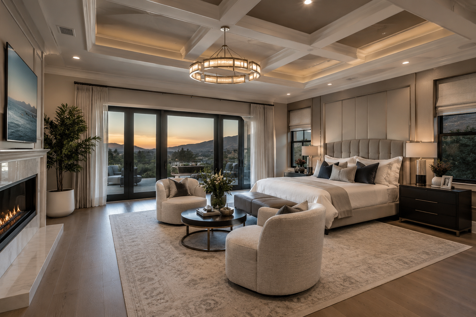 Luxury master bedroom featuring a tufted king-size bed, elegant seating area, fireplace, high coffered ceilings, and large glass doors with scenic views, showcasing sophisticated master bedroom design ideas for upscale American homes.