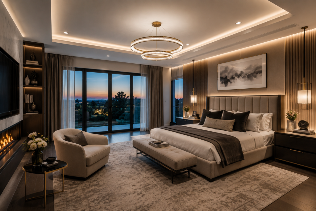 Modern master bedroom featuring layered ceiling lighting, a plush upholstered bed, luxury furniture, elegant wall panels, a cozy fireplace, and floor-to-ceiling windows, showcasing sophisticated master bedroom design ideas.