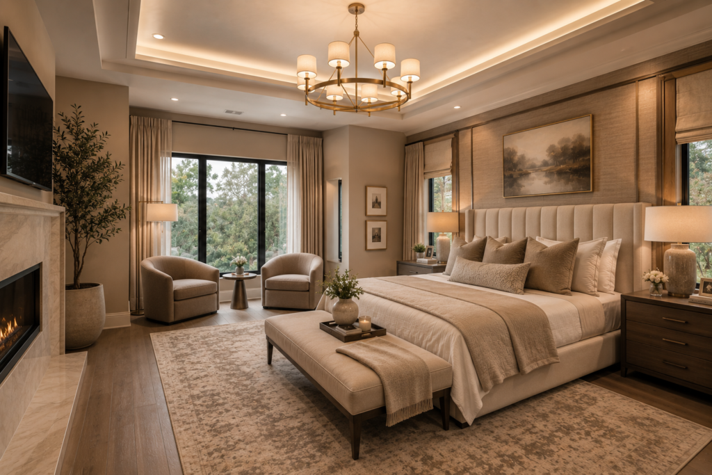 Elegant master bedroom featuring warm neutral colors, a plush upholstered bed, soft layered lighting, cozy seating, a fireplace, and large windows, showcasing timeless master bedroom design ideas.