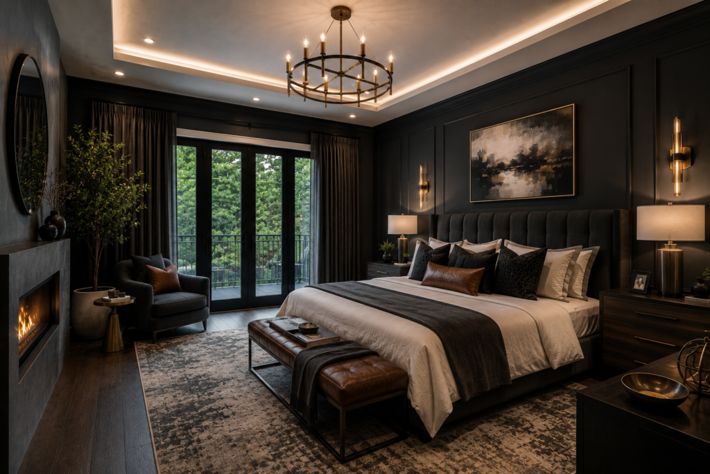 Sophisticated master bedroom featuring dark accent walls, a plush upholstered bed, warm lighting, luxury furniture, a fireplace, and elegant decor, showcasing bold master bedroom design ideas.