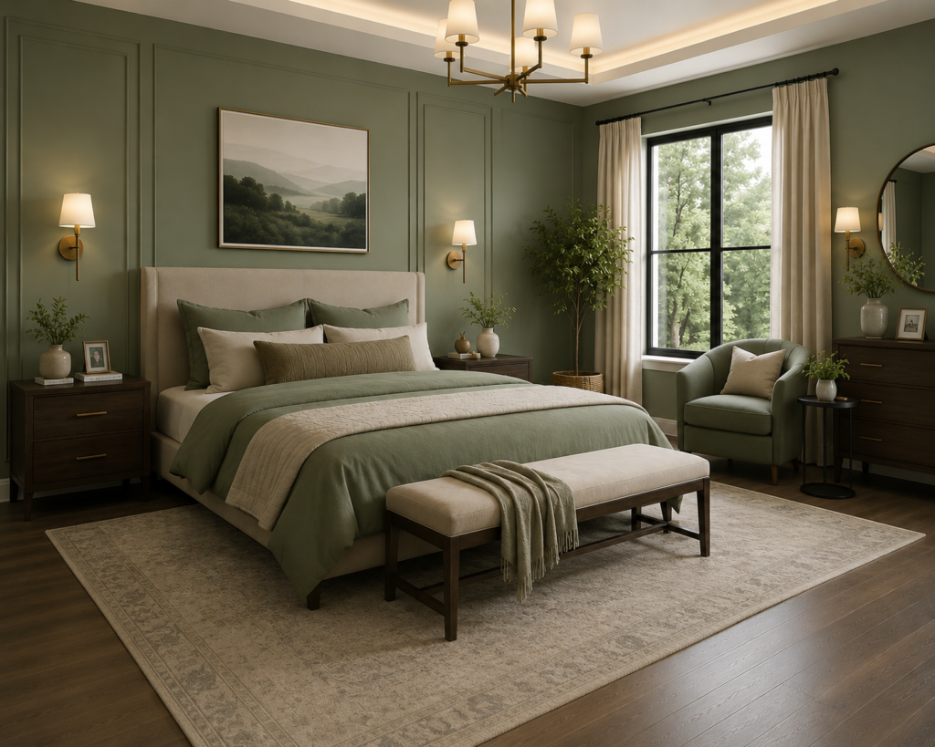 Stylish master bedroom featuring saga green walls, a plush upholstered bed, warm wood furniture, soft neutral bedding, natural light, and elegant décor elements for a calming and sophisticated atmosphere.