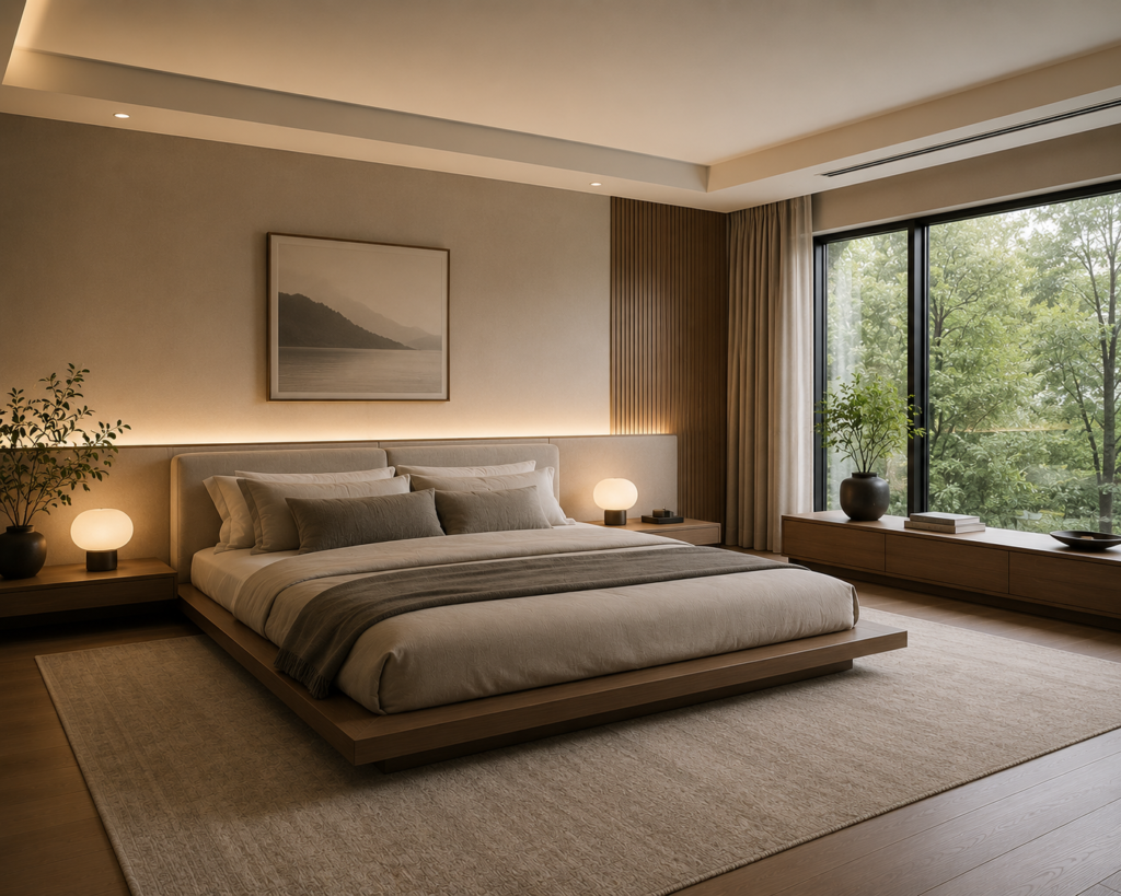 Modern master bedroom featuring low-profile furniture, a platform bed, clean lines, soft lighting, and minimalist decor, showcasing stylish master bedroom design ideas.